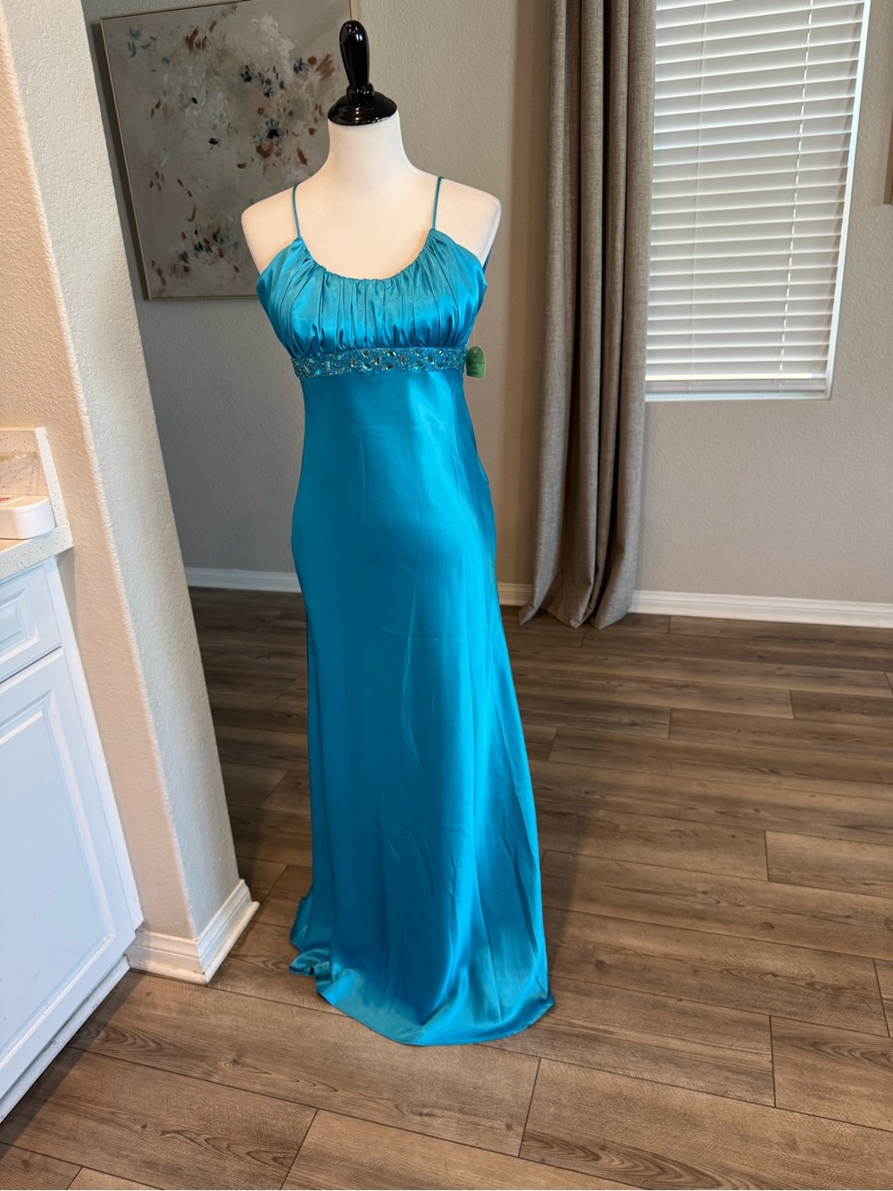 NWOT Blondie nights  size 6 Teal Satin Evening Gown with Beaded Waist